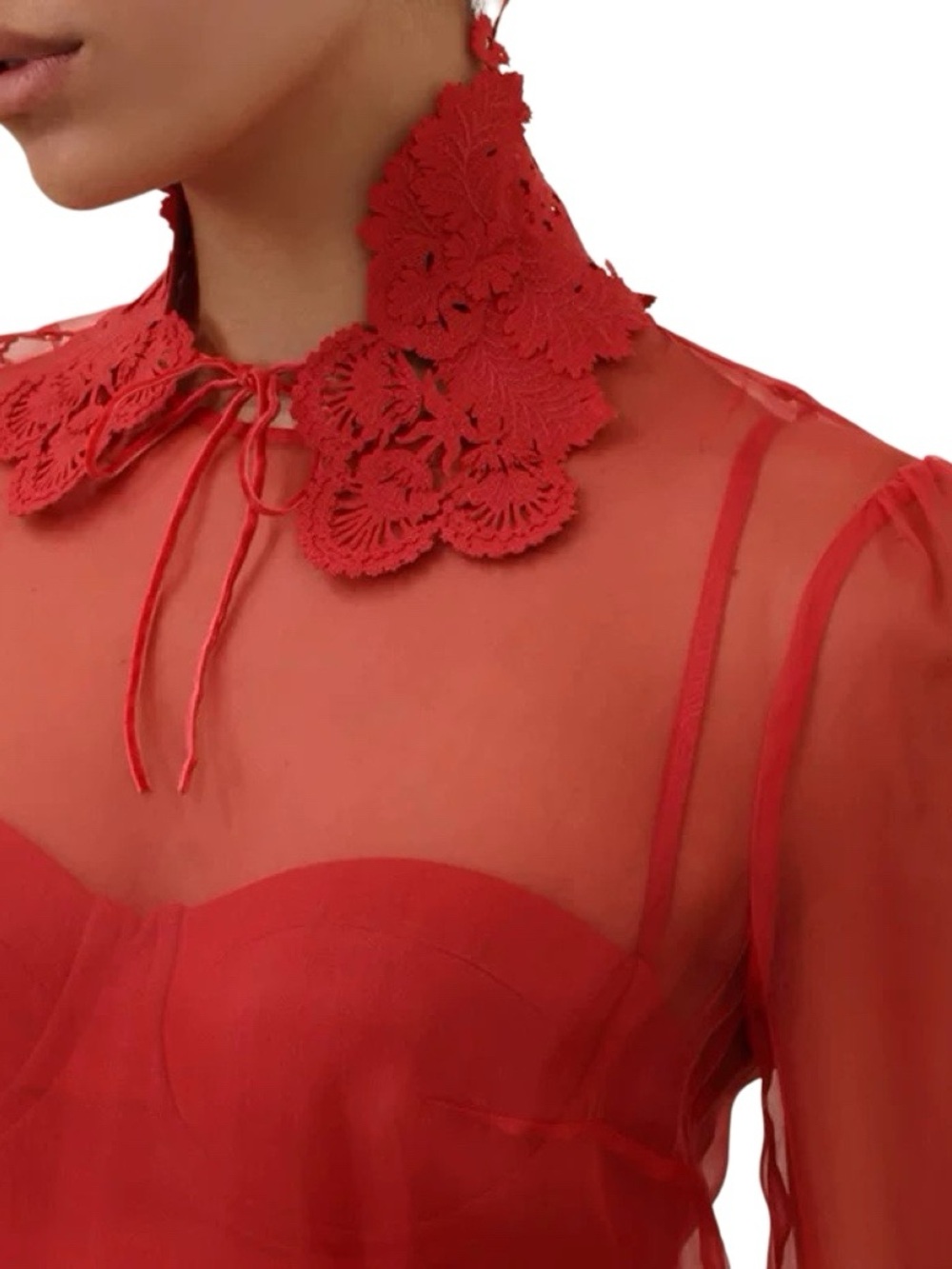 Designer-style Sheer Lantern Chiffon Red Bell-Sleeve Mini Dress - Picture 5 of 7